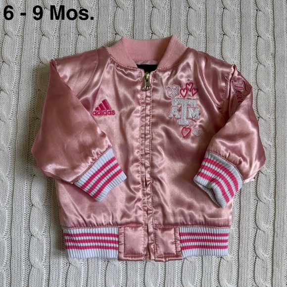 Texas A&M University Bomber Varsity Jacket Adidas EUC 6 9 Mo Baby Girl Pink Team - Picture 1 of 9